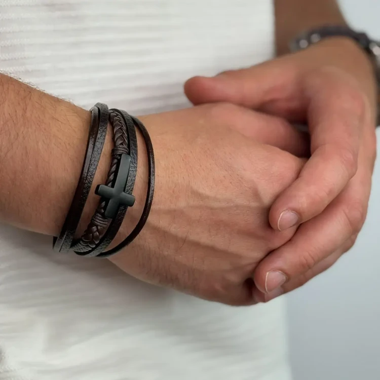 Bransoletka męska brązowa z ekologicznej skóry